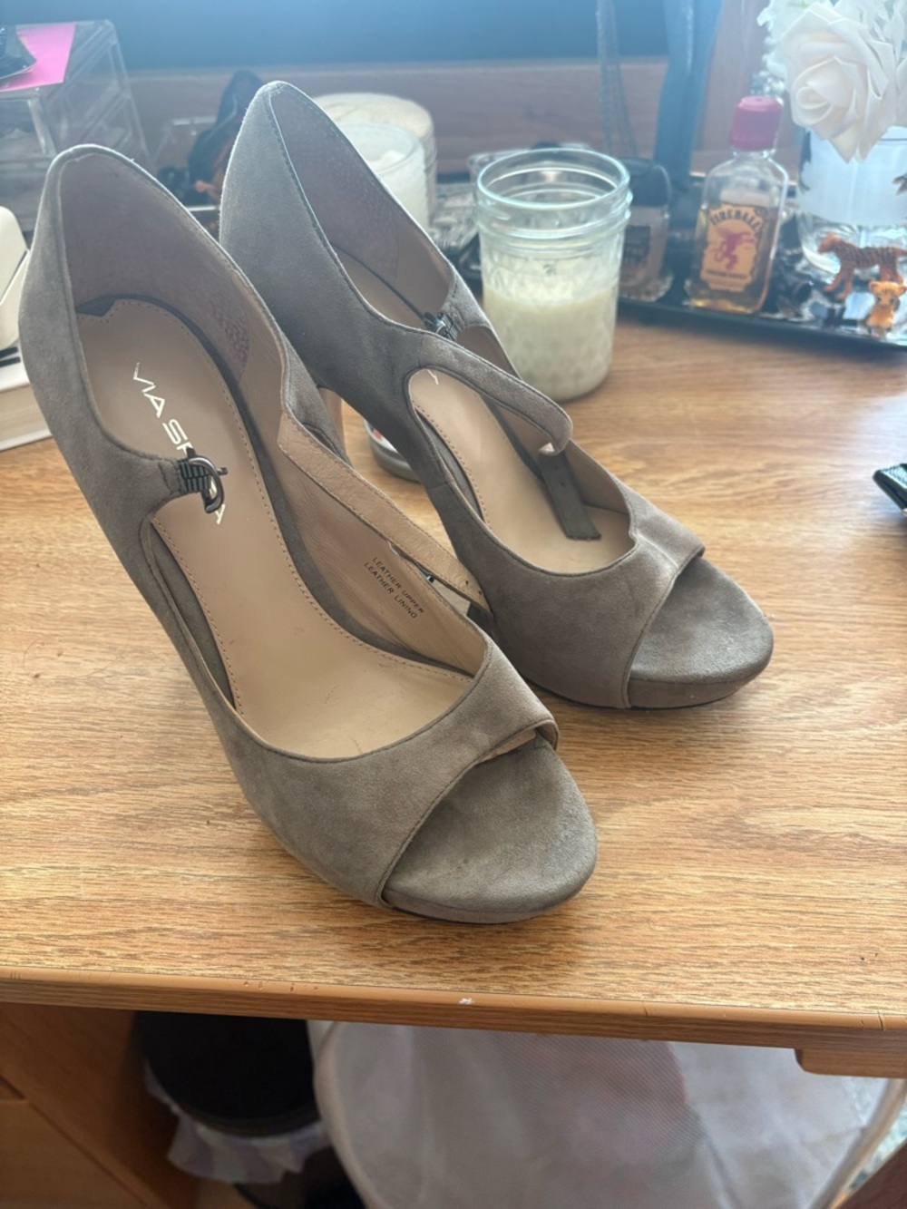 Via Spiga Taupe Suede T-Strap Peep-Toe Heels